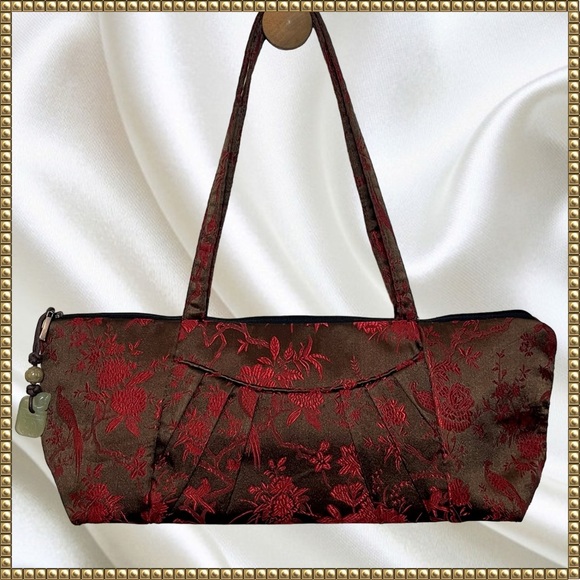 Big Sky Shanghai Handbags - Big Sky Shanghai Brown Black Red Silk-Like Embroidered Floral Purse Satchel